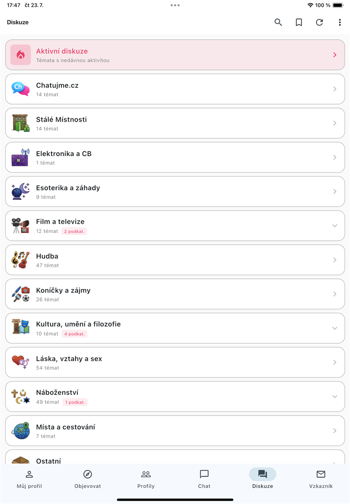 Kategorie diskuzí v aplikaci